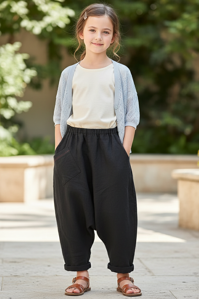 Pantalon En Lin Noir Ample Décontracté Harem Fille