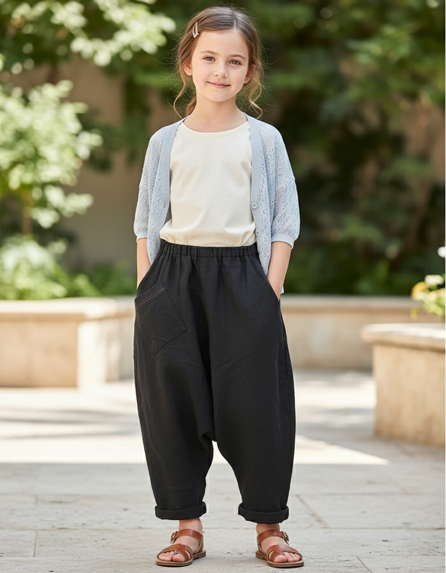 Pantalon En Lin Noir Ample Décontracté Harem Fille