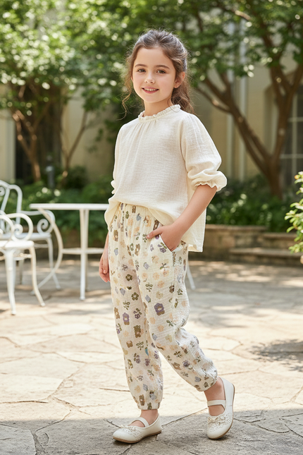 Pantalon En Lin Enfant Ample Fleuri Élastiqué Crème - Beige