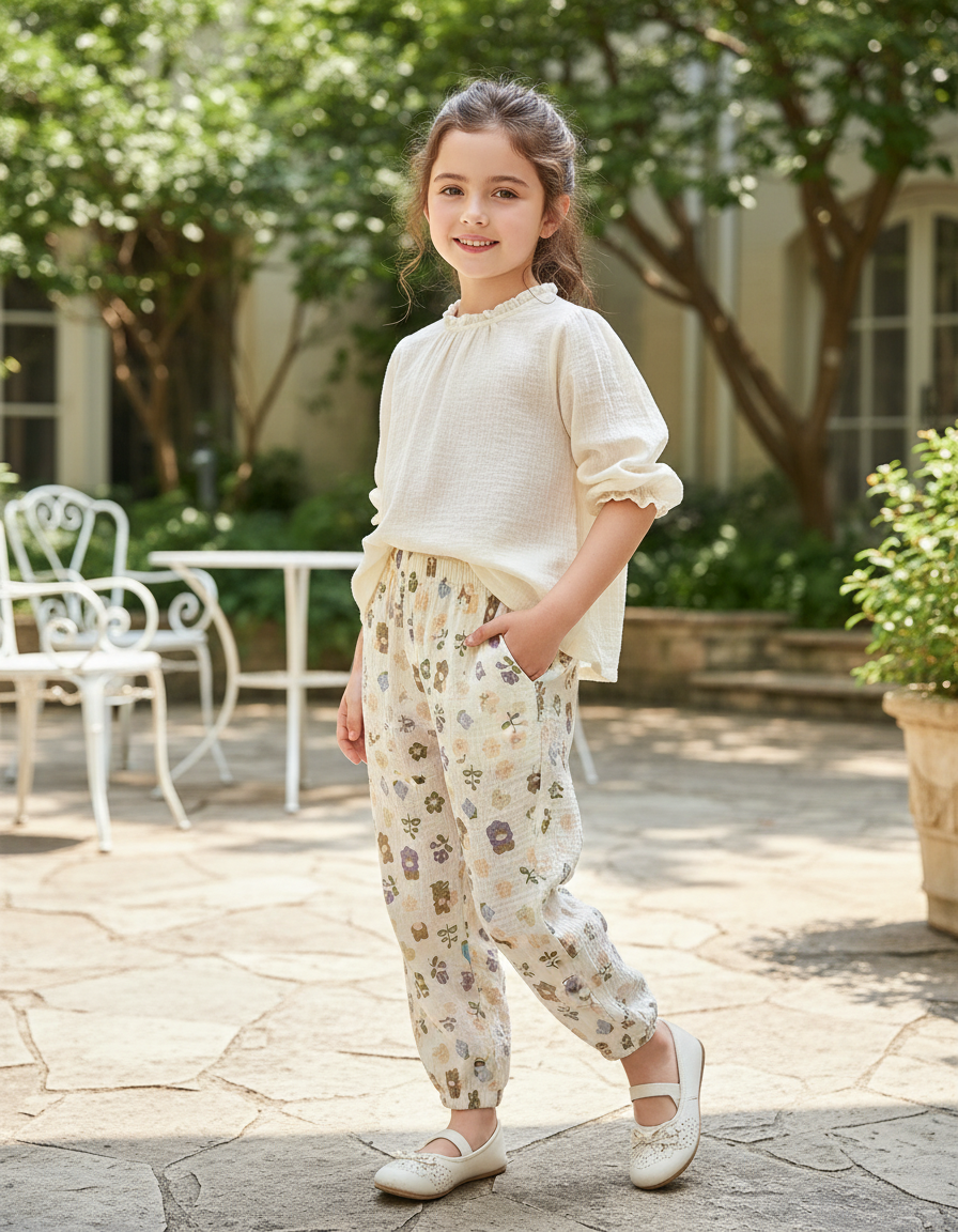 Pantalon En Lin Enfant Ample Fleuri Élastiqué Crème - Beige