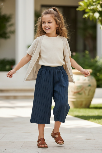 Pantalon En Lin Bleu Marine Rayé Ample Décontracté Enfant