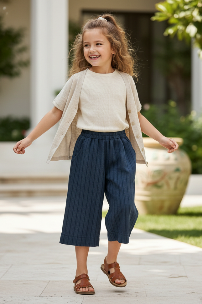 Pantalon En Lin Bleu Marine Rayé Ample Décontracté Enfant