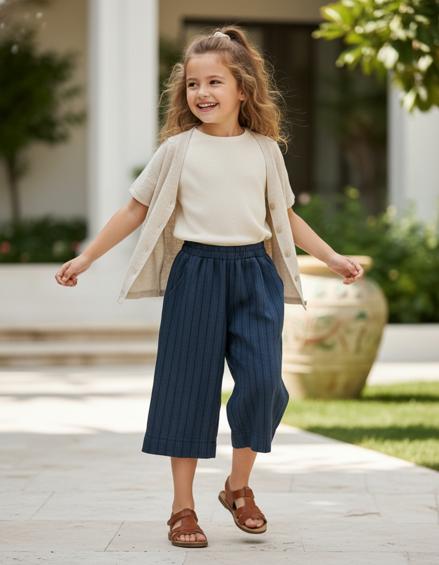 Pantalon En Lin Bleu Marine Rayé Ample Décontracté Enfant