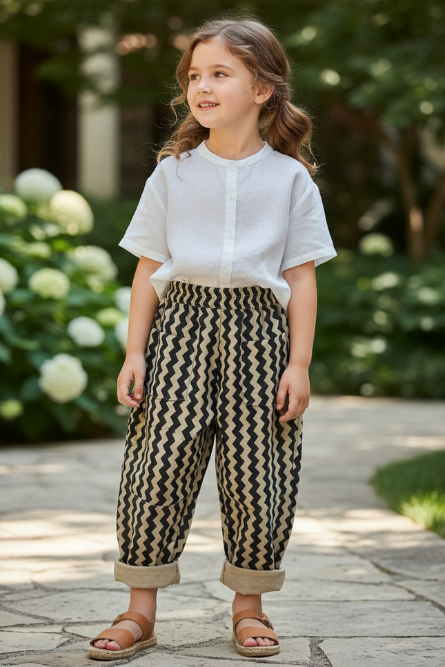 Pantalon En Lin Enfant Zigzag Ample Décontracté - Imprimé