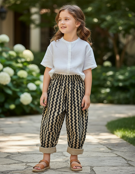 Pantalon En Lin Enfant Zigzag Ample Décontracté - Imprimé