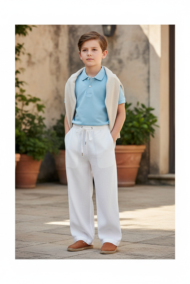Pantalon En Lin Blanc Ample Enfant Cordon Décontracté