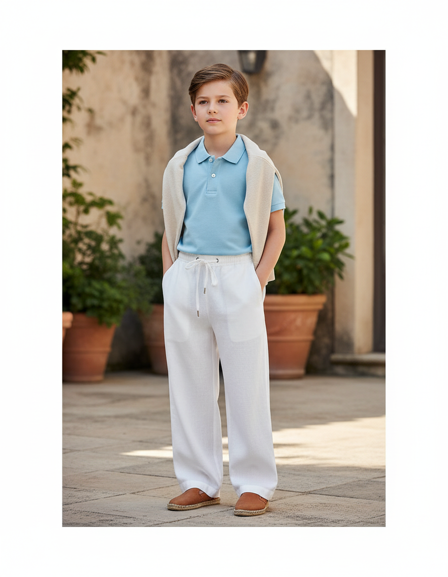 Pantalon En Lin Blanc Ample Enfant Cordon Décontracté
