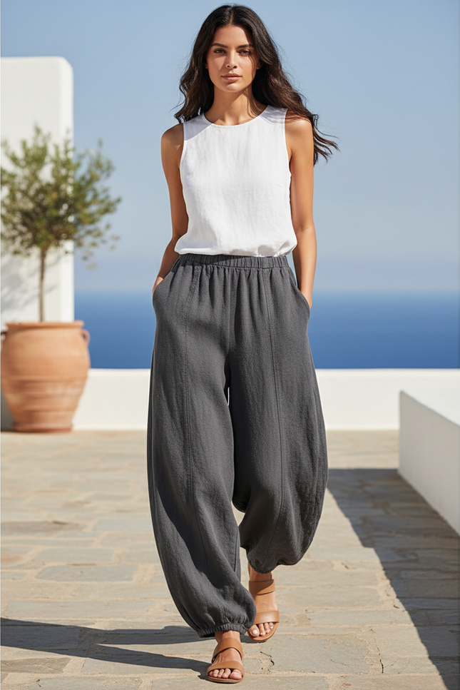 Pantalon En Lin Gris Ample Fluide Élastique Confortable