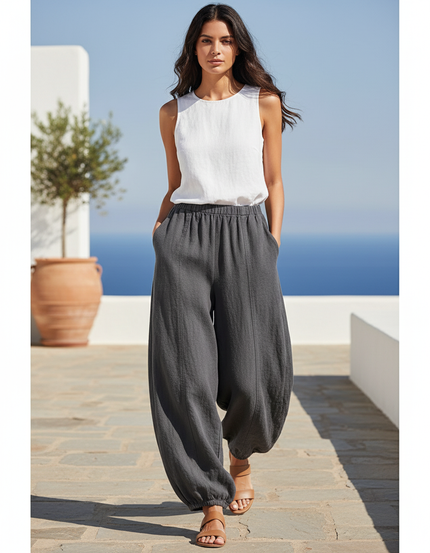 Pantalon En Lin Gris Ample Fluide Élastique Confortable