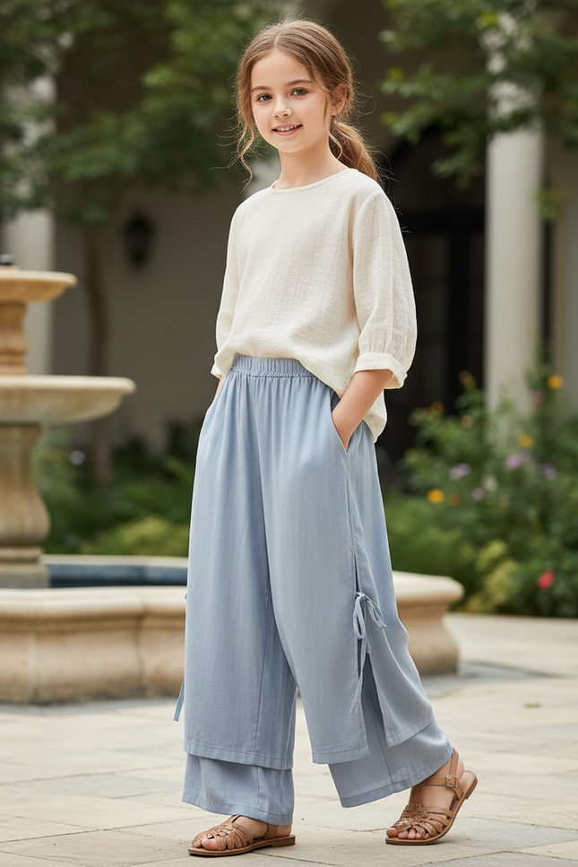 Pantalon En Lin Bleu Ample Fendu Enfant