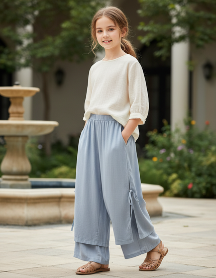 Pantalon En Lin Bleu Ample Fendu Enfant