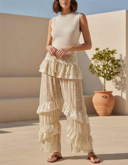 Pantalon En Lin Écru Volants Ample Bohème Femme - Beige