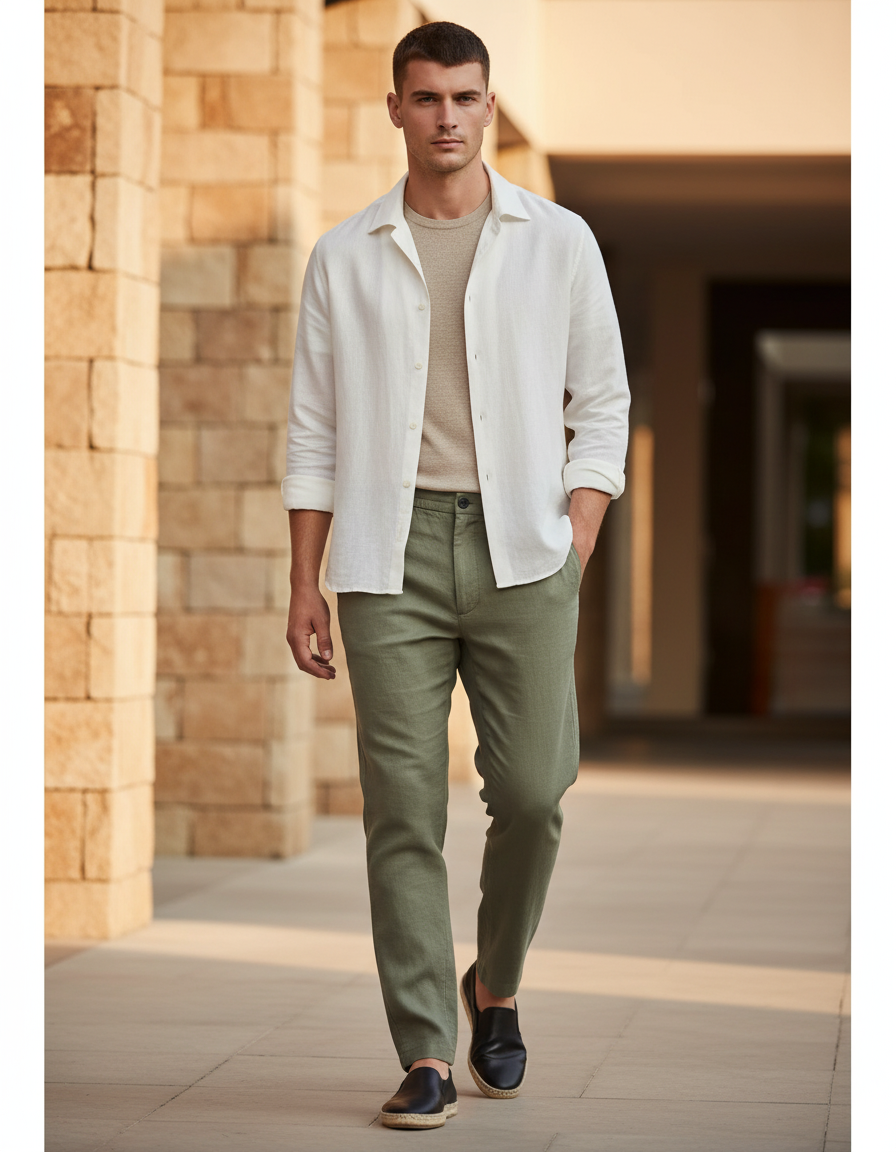 Pantalon En Lin Kaki Homme