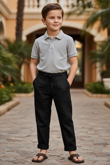 Pantalon En Lin Noir Cordon Ample Décontracté Enfant