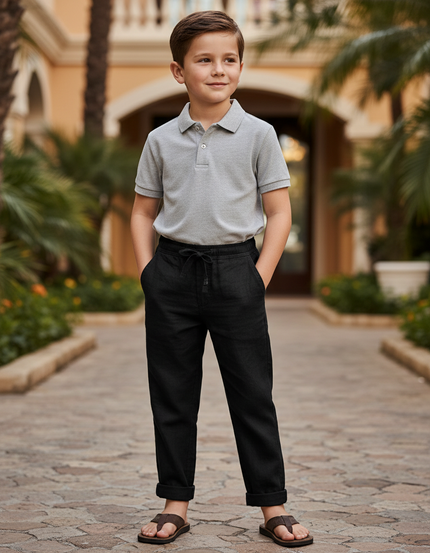 Pantalon En Lin Noir Cordon Ample Décontracté Enfant