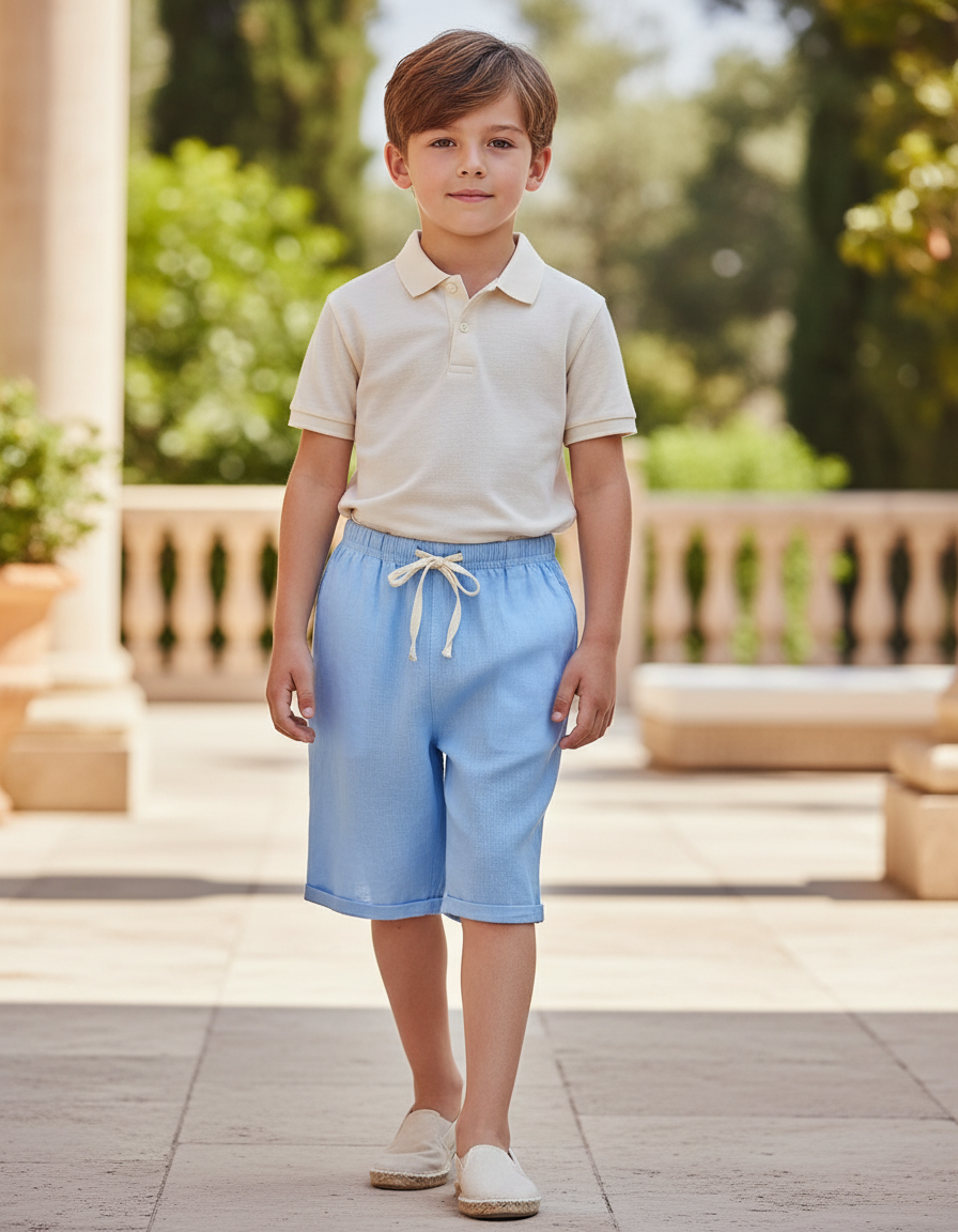 Pantalon En Lin Bleu Ciel Ample Cordon Décontracté Enfant