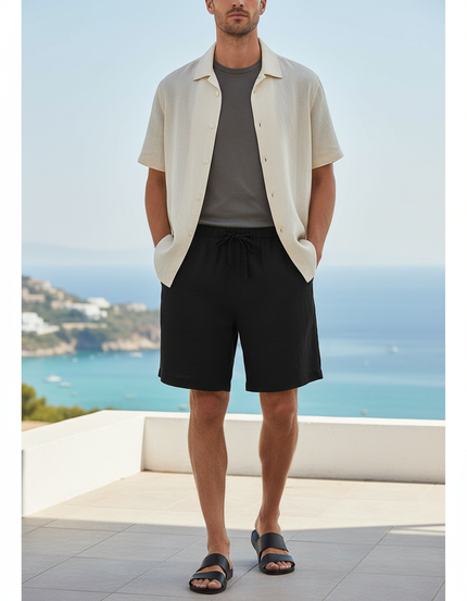 Pantalon En Lin Noir Cordon Décontracté Mi-long Homme