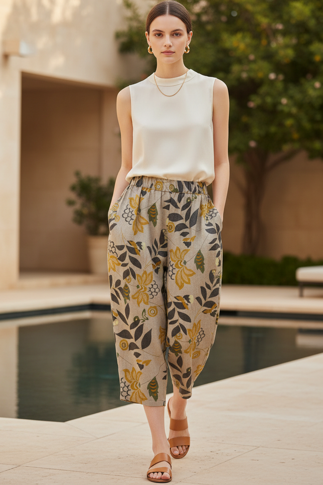 Pantalon En Lin Imprimé Fleuri Ample Décontracté Femme