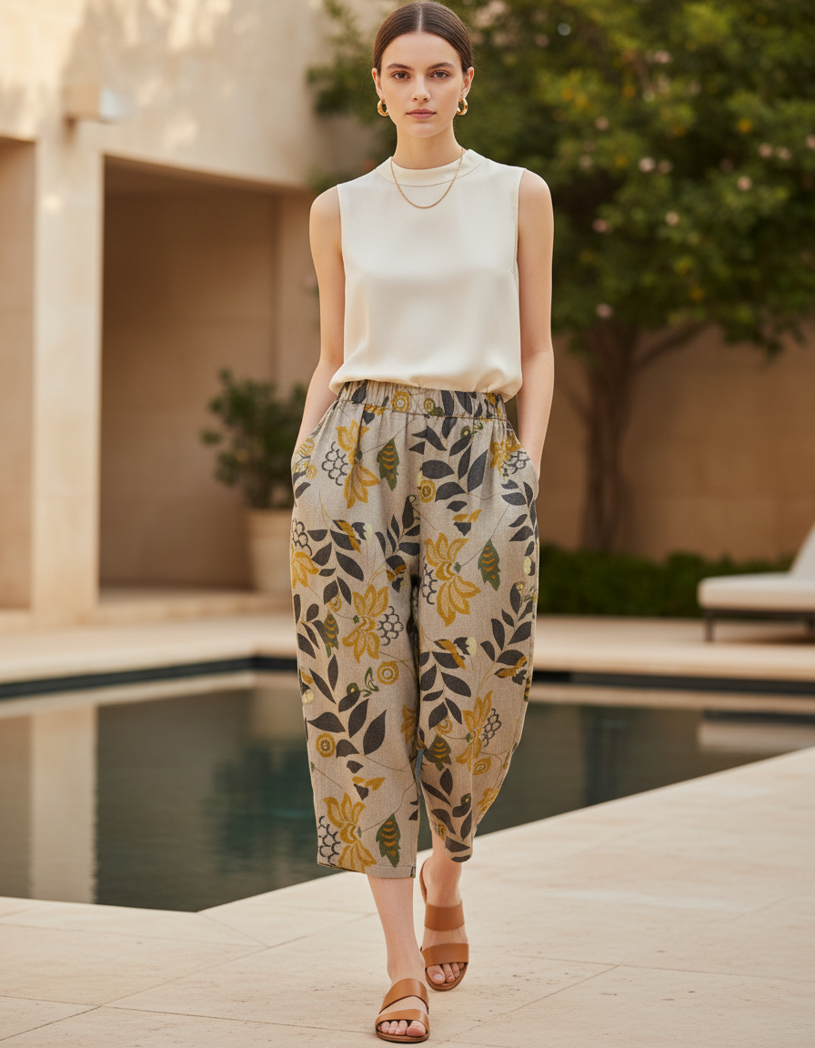 Pantalon En Lin Imprimé Fleuri Ample Décontracté Femme