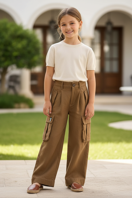 Pantalon En Lin Cargo Marron Ample Décontracté Enfant