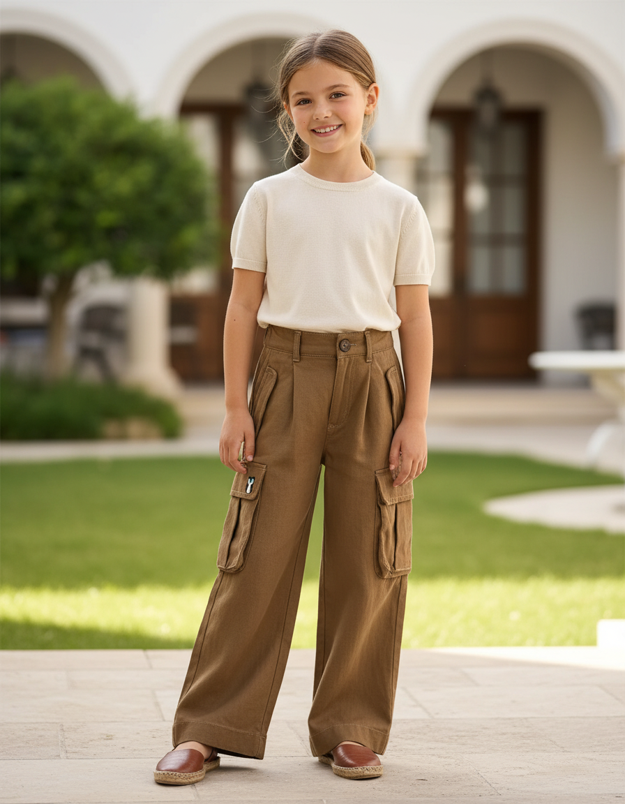 Pantalon En Lin Cargo Marron Ample Décontracté Enfant