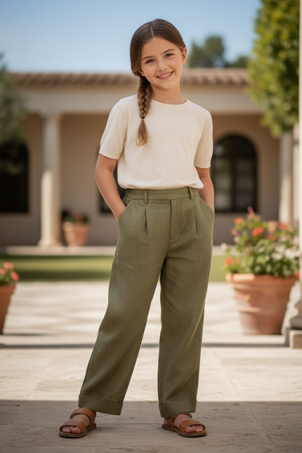 Pantalon En Lin Vert Ample Plissé Enfant - Kaki