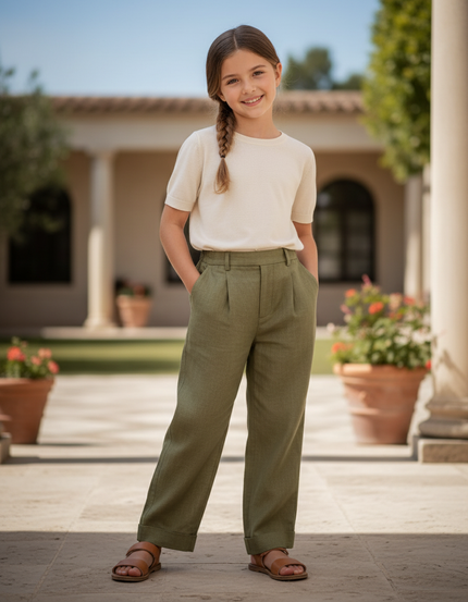 Pantalon En Lin Vert Ample Plissé Enfant - Kaki