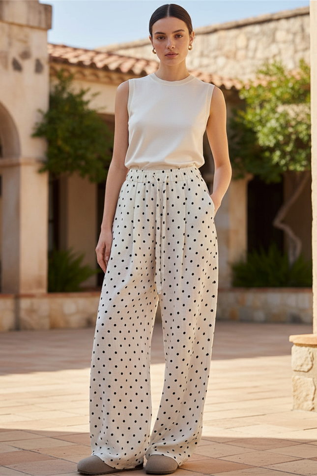 Pantalon En Lin Ample Blanc À Pois Décontracté