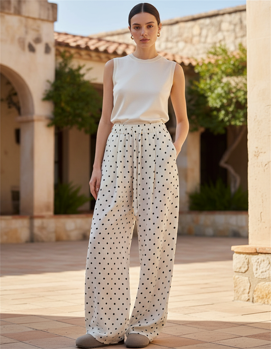 Pantalon En Lin Ample Blanc À Pois Décontracté