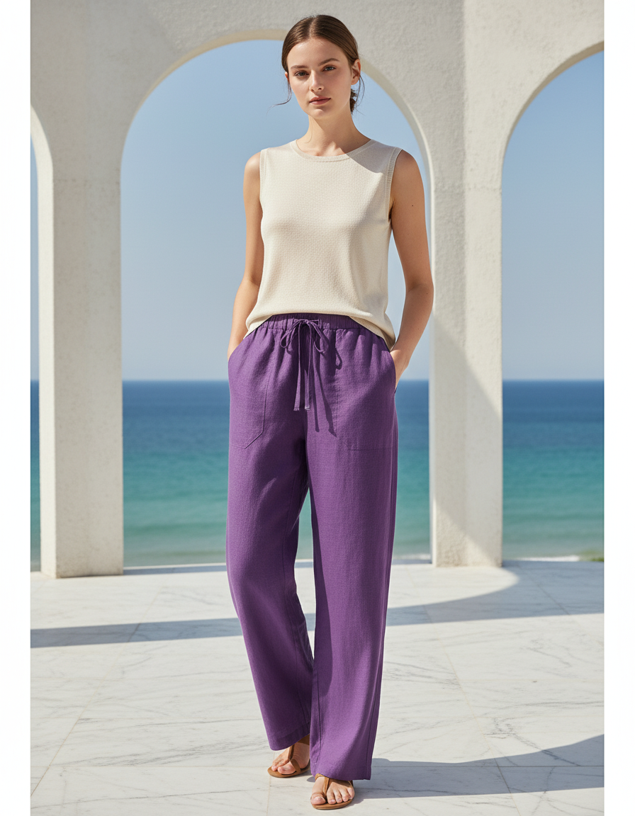Pantalon En Lin Violet Ample Décontracté Fluide Femme