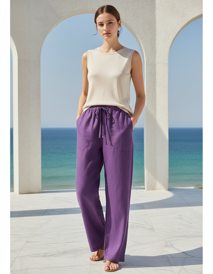 Pantalon En Lin Violet Ample Décontracté Fluide Femme