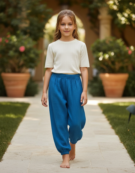 Pantalon En Lin Bleu Ample Gaze Respirant Enfant
