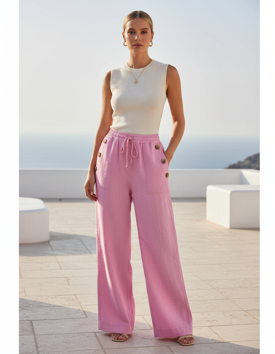 Pantalon En Lin Rose Ample Boutons Fluide Décontracté