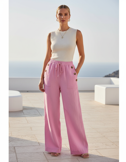 Pantalon En Lin Rose Ample Boutons Fluide Décontracté