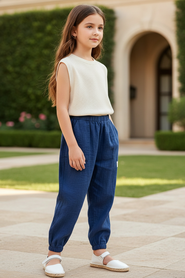 Pantalon Lin Bleu Et Blanc