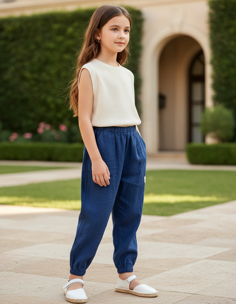 Pantalon Lin Bleu Et Blanc