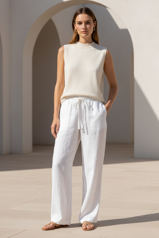 Pantalon En Lin Blanc Ample Décontracté Fluide Femme