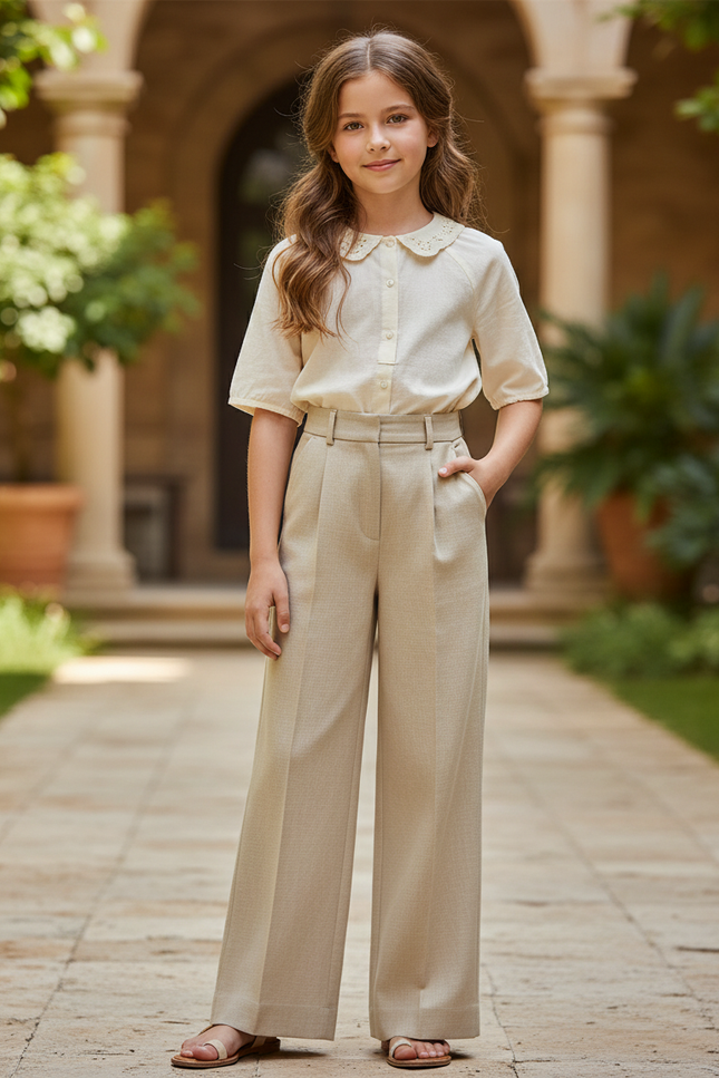 Pantalon En Lin Beige Taille Haute Ample Fluide