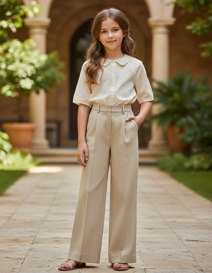 Pantalon En Lin Beige Taille Haute Ample Fluide