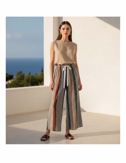 Pantalon En Lin Imprimé Ethnique Ample Fluide Estival - Multicolore