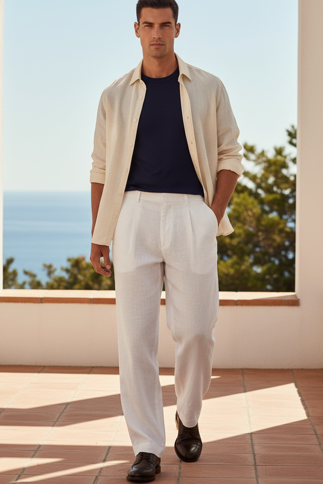 Pantalon En Lin Blanc Plissé Droit Homme Élégant