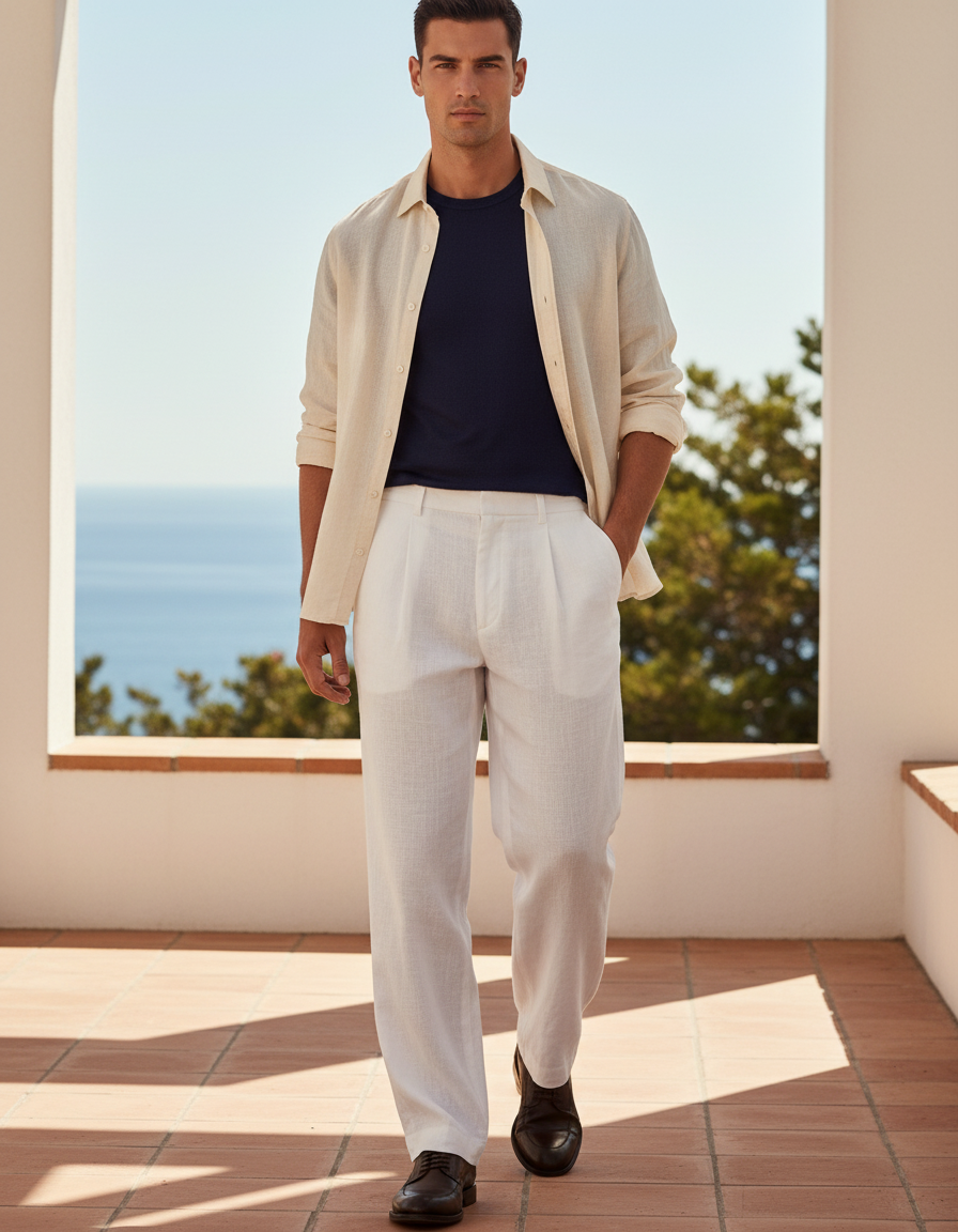 Pantalon En Lin Blanc Plissé Droit Homme Élégant