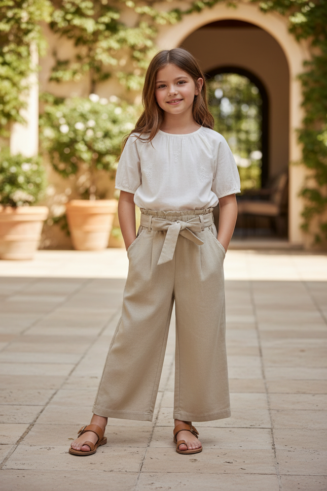 Pantalon En Lin Beige Ample Fluide Enfant Décontracté