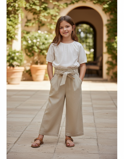 Pantalon En Lin Beige Ample Fluide Enfant Décontracté