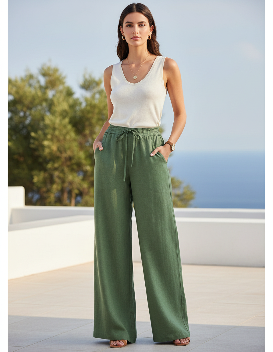 Pantalon En Lin Vert Ample Élastiqué Fluide Décontracté