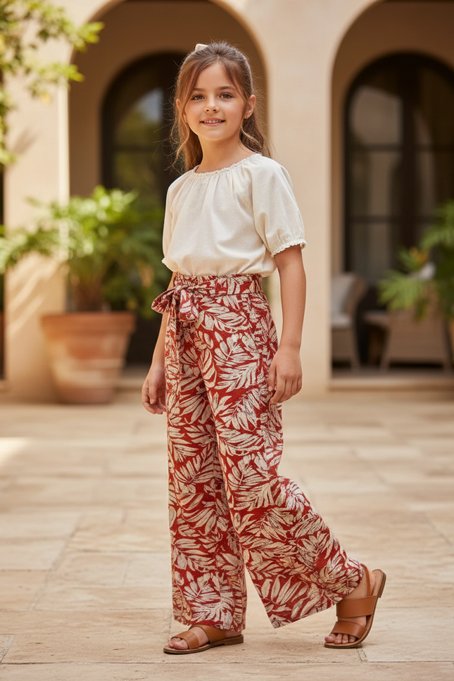 Pantalon En Lin Rouge Motif Feuille Ample Fille