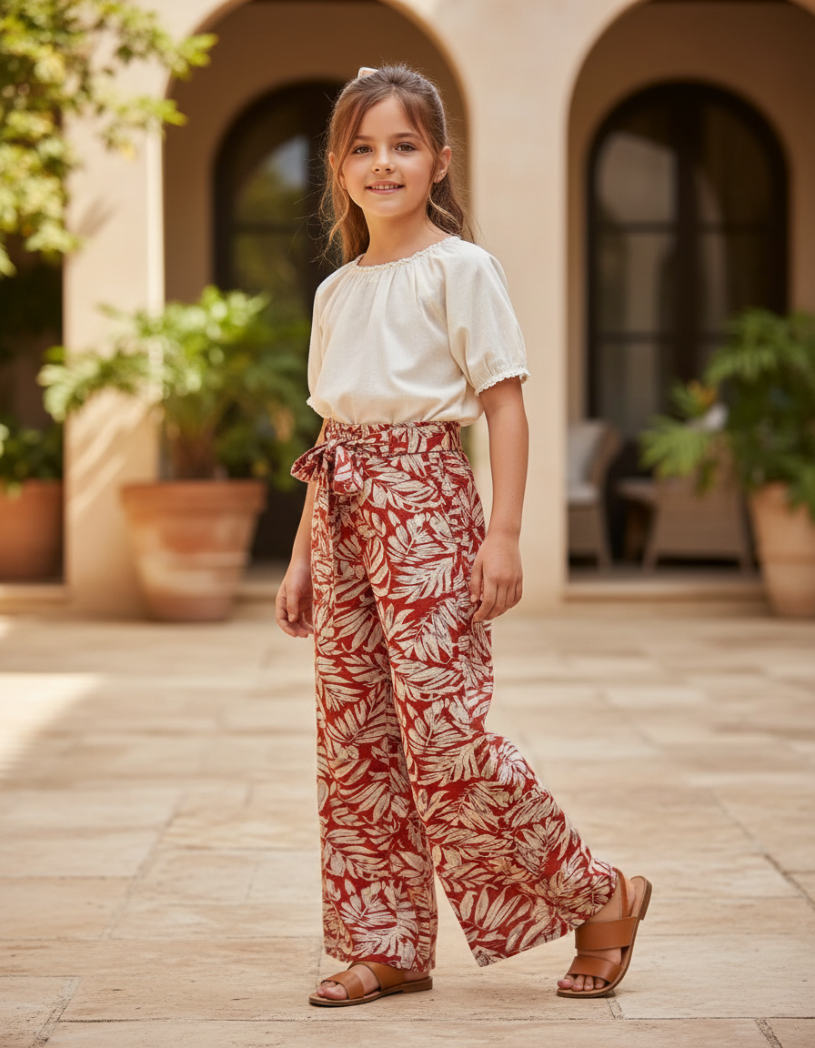 Pantalon En Lin Rouge Motif Feuille Ample Fille
