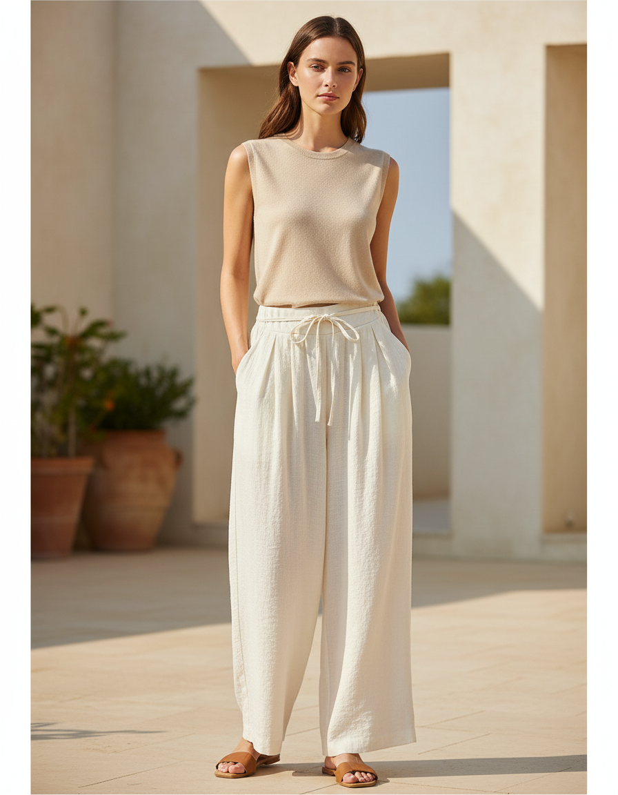 Pantalon Lin Pince Femme - Beige