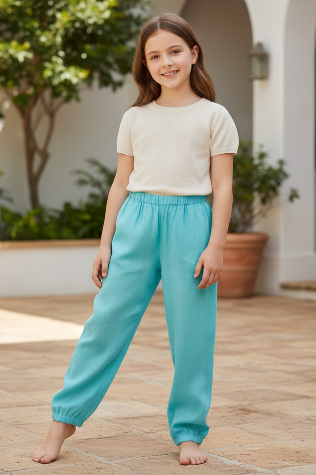 Pantalon En Lin Turquoise Ample Enfant Léger Fluide - Bleu
