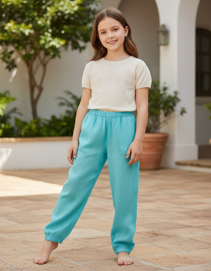 Pantalon En Lin Turquoise Ample Enfant Léger Fluide - Bleu